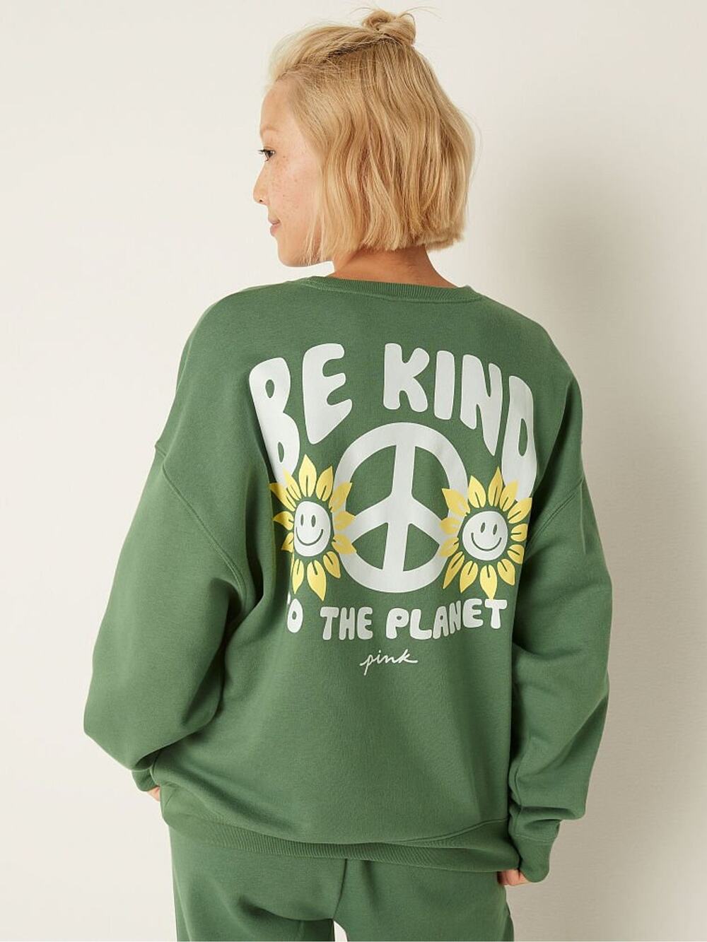 Victoria's Secret PINK Be Kind To The Planet Green Sweatshirt Back Graphic Sz XS